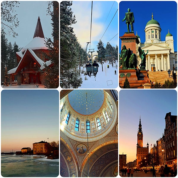 (Top Left to Right) Santa's Village in the Artic Circle, Ski lift in Rovaniemi, Helsinki Cathedral (Bottom Left to Right) view of the Baltic Sea at sunset on Suomenlinna Island, Inside Uspenski Cathedral, Old Town at night in Gdańsk Poland