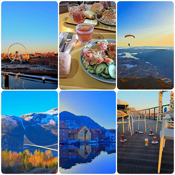(Top Left to Right) Gdańsk Poland view from a hotel balcony, A meal at Turku University, Top of Mount Ulriken in Bergan Norway (Bottom Left to Right) A bridge at a Fjord in Bergen Norway, View of some houses on a pier in Bergan Norway during sunrise, Hot Chocolate on a balcony in Gdańsk Poland