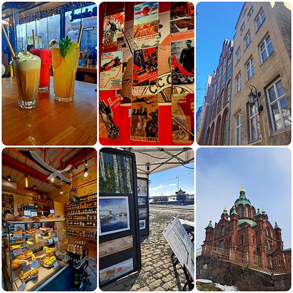 (Top Left to Right) Iced Coffee and Lemonades in Gdańsk Poland, WW2 Propaganda Posters in a history museum in Gdańsk Poland, Old Town buildings in Gdańsk Poland (Bottom Left to Right) Bakery in Gdańsk Poland, A vendor in a street market at the Helsinki port, outside of Uspenski Cathedral