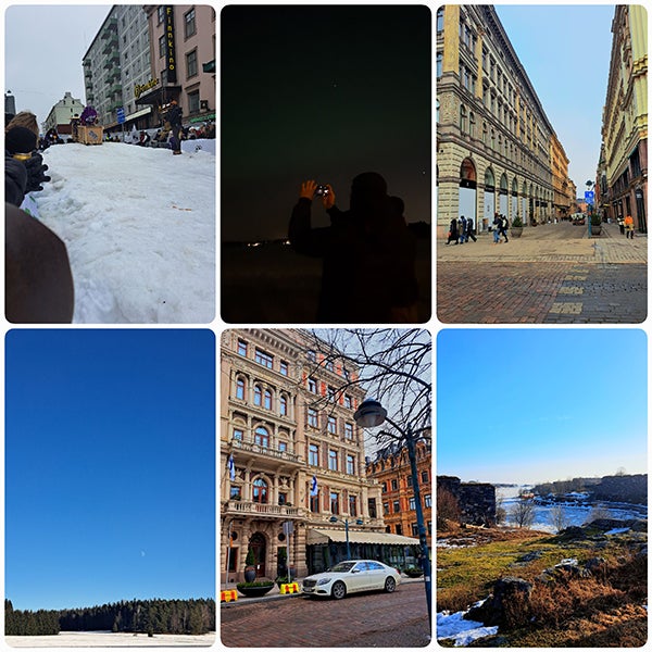 (Top Left to Right) Pikkulaskianen "Sledding" contestant, A friend taking a picture of the Northern Lights, Street in Helsinki (Bottom Left to Right) view on a hike in Turku, A building with the Finnish flag in Helsinki, view of the Baltic Sea on Suomenlinna Island