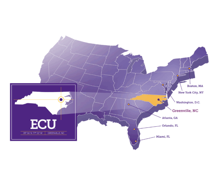 Map of the United States denoting where ECU is located near the east coast of North Carolina. Coordinates for ECU are 35 degrees 36 minutes north and 77 degrees 22 minutes west.